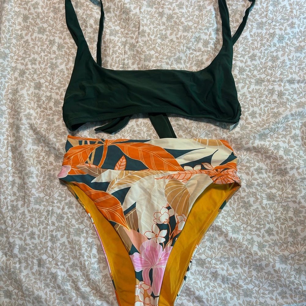 Aerie Tropical High Cut Cheeky Bikini in Orange and Blue